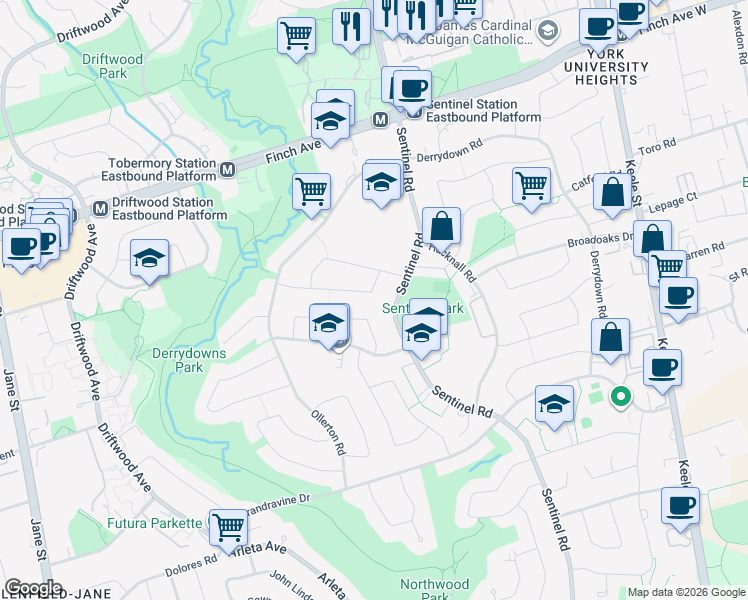 map of restaurants, bars, coffee shops, grocery stores, and more near 11 Conamore Crescent in Toronto