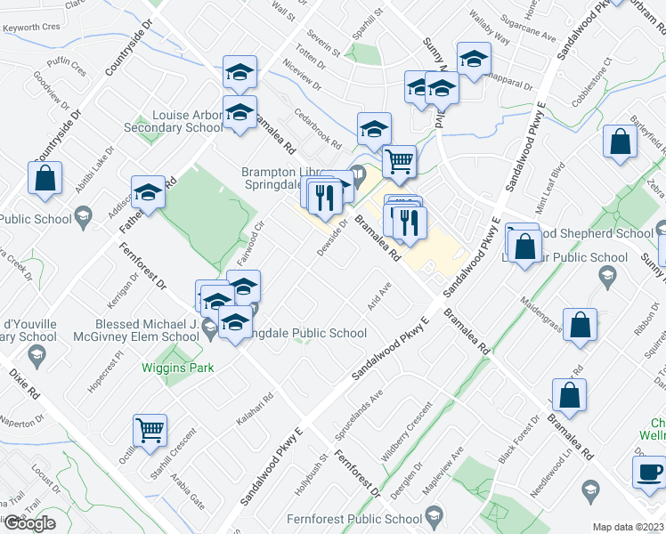 map of restaurants, bars, coffee shops, grocery stores, and more near 84 Dewridge Court in Brampton