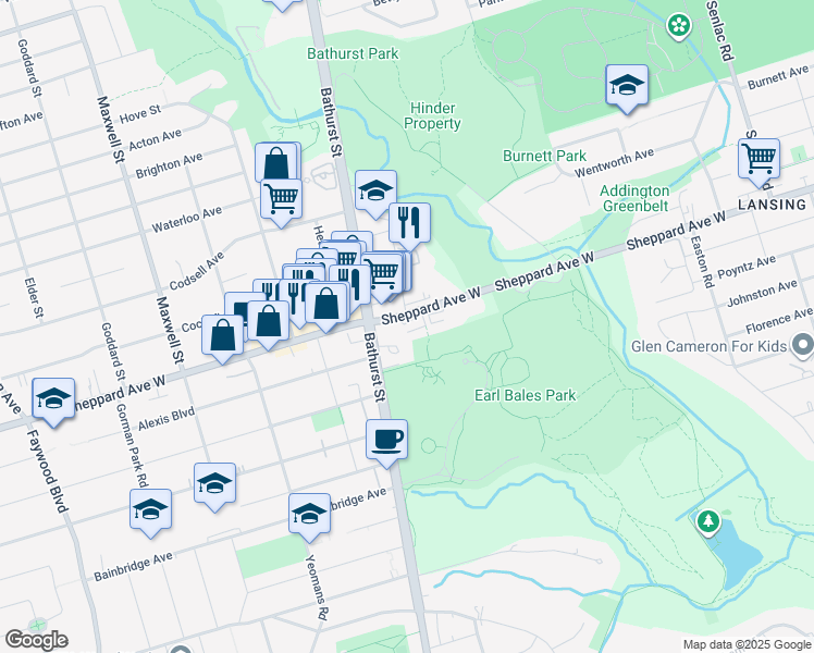 map of restaurants, bars, coffee shops, grocery stores, and more near 569 Sheppard Avenue West in Toronto