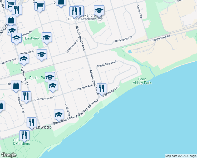 map of restaurants, bars, coffee shops, grocery stores, and more near 6 Greyabbey Trail in Toronto