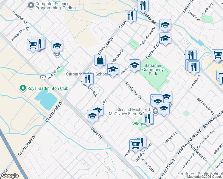 map of restaurants, bars, coffee shops, grocery stores, and more near 513 Father Tobin Road in Brampton