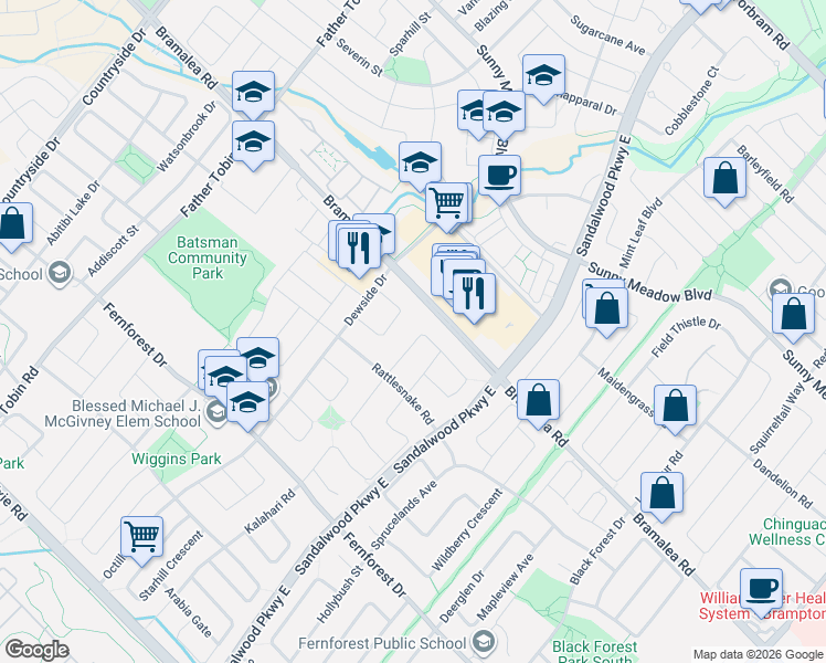 map of restaurants, bars, coffee shops, grocery stores, and more near 151 Desert Sand Drive in Brampton