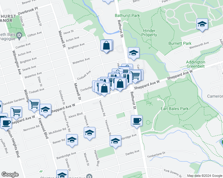 map of restaurants, bars, coffee shops, grocery stores, and more near 640 Sheppard Avenue West in Toronto
