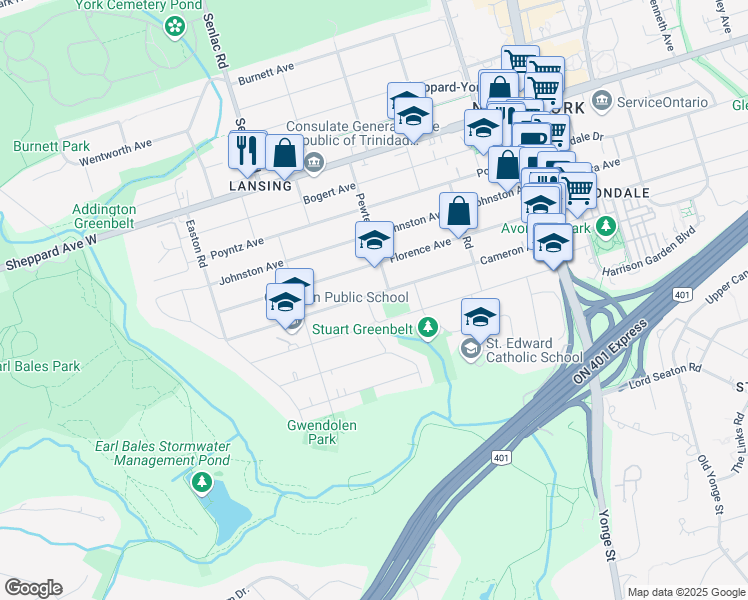 map of restaurants, bars, coffee shops, grocery stores, and more near 163 Cameron Avenue in Toronto