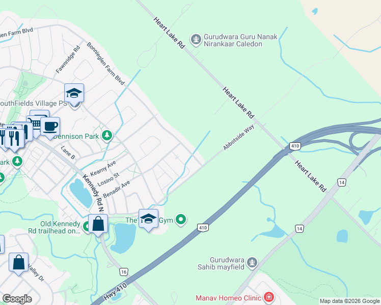 map of restaurants, bars, coffee shops, grocery stores, and more near 326 Bonnieglen Farm Boulevard in Caledon