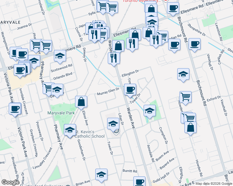map of restaurants, bars, coffee shops, grocery stores, and more near 65 Princemere Crescent in Toronto