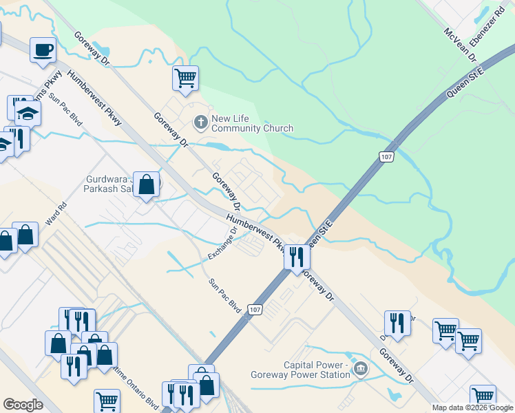 map of restaurants, bars, coffee shops, grocery stores, and more near 12 Vestry Way in Brampton
