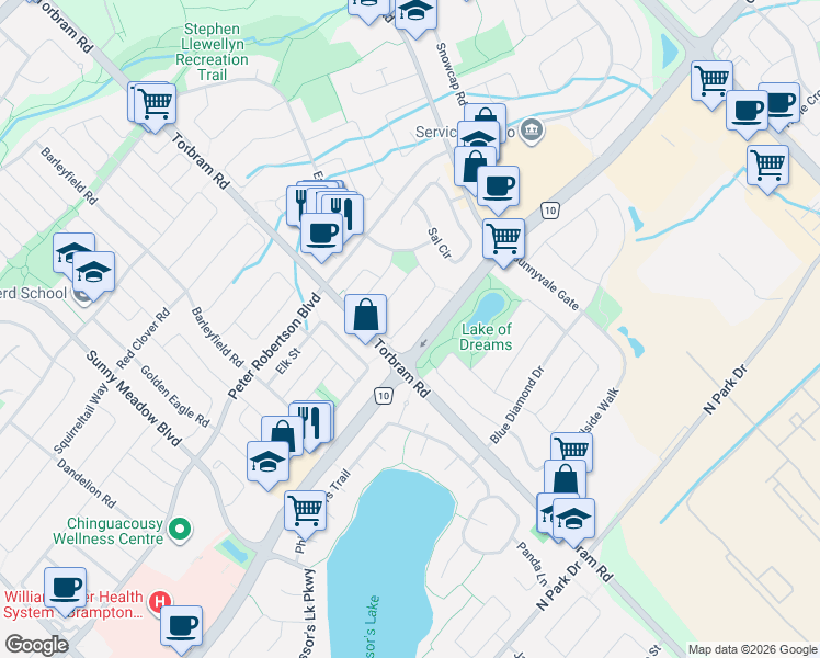 map of restaurants, bars, coffee shops, grocery stores, and more near 68 Ural Circle in Brampton