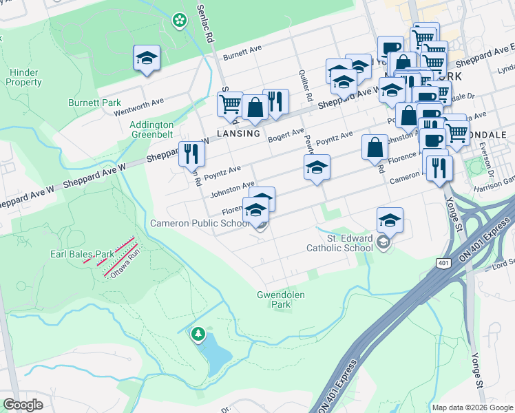 map of restaurants, bars, coffee shops, grocery stores, and more near 219 Florence Avenue in Toronto