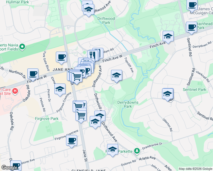 map of restaurants, bars, coffee shops, grocery stores, and more near 115 Topcliff Avenue in Toronto