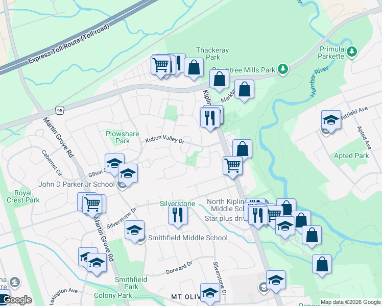 map of restaurants, bars, coffee shops, grocery stores, and more near 11 Pumfrey Crescent in Toronto