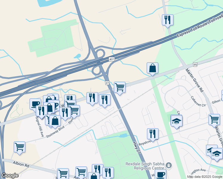 map of restaurants, bars, coffee shops, grocery stores, and more near in Vaughan