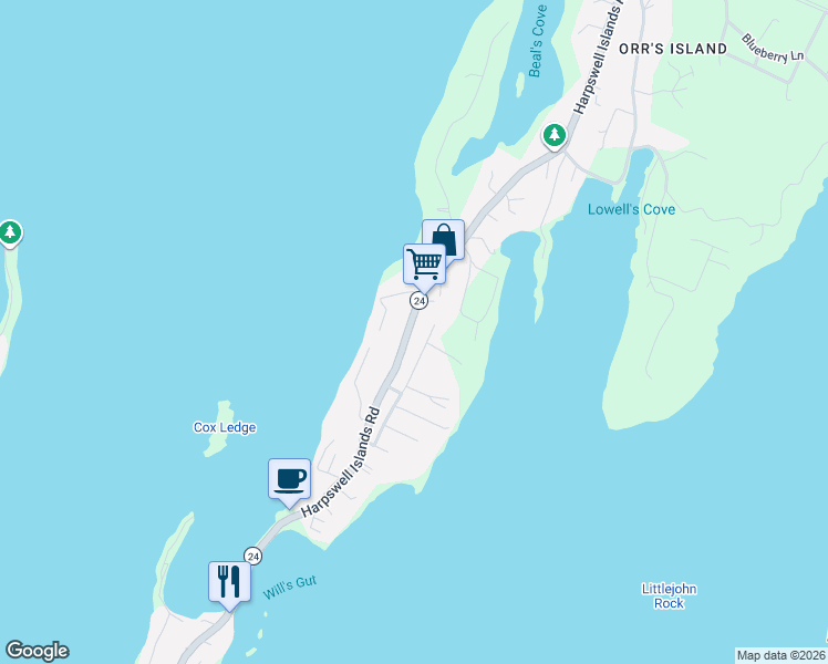 map of restaurants, bars, coffee shops, grocery stores, and more near 1807 Harpswell Island Road in Harpswell