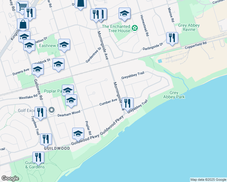 map of restaurants, bars, coffee shops, grocery stores, and more near 54 Morningside Avenue in Toronto