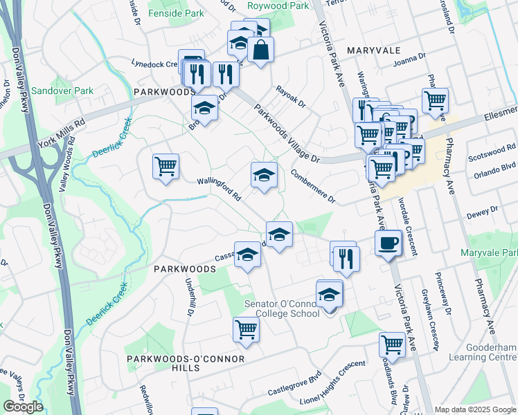 map of restaurants, bars, coffee shops, grocery stores, and more near 15 Wallingford Road in Toronto