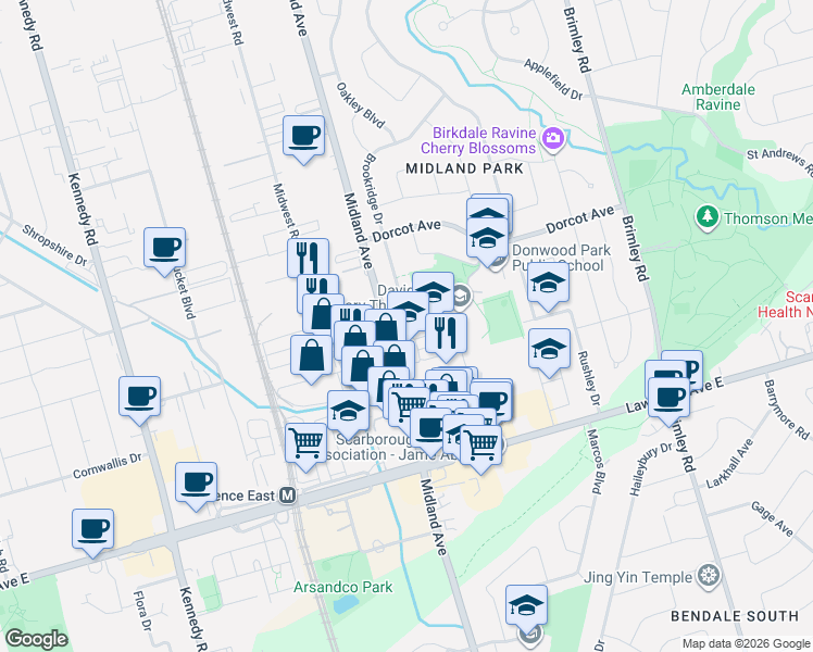 map of restaurants, bars, coffee shops, grocery stores, and more near 10 Liam Foudy Court in Toronto