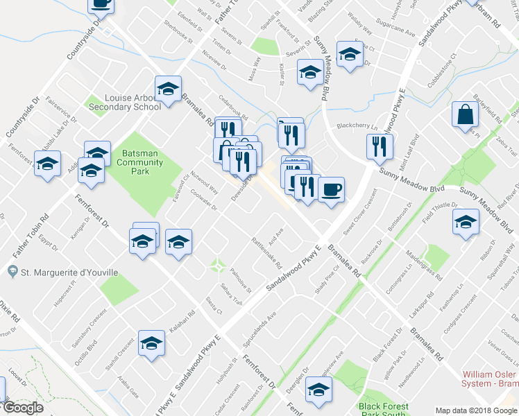 map of restaurants, bars, coffee shops, grocery stores, and more near 50 Dewridge Court in Brampton