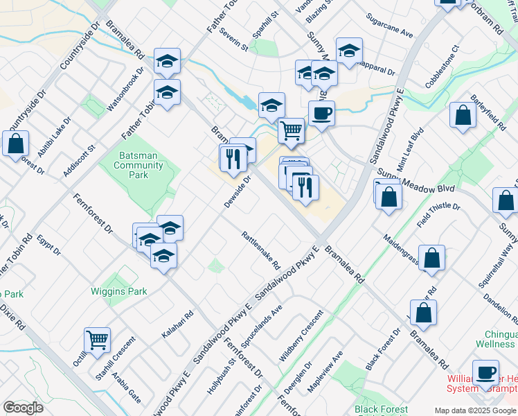 map of restaurants, bars, coffee shops, grocery stores, and more near 48 Dewridge Court in Brampton