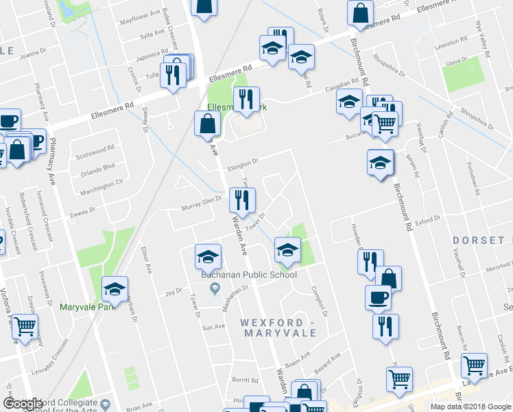 map of restaurants, bars, coffee shops, grocery stores, and more near 3 Timgren Drive in Toronto