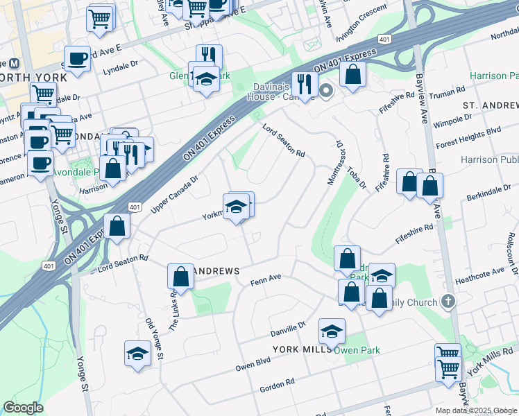 map of restaurants, bars, coffee shops, grocery stores, and more near in Toronto
