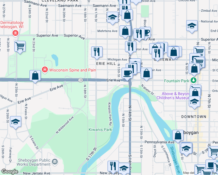 map of restaurants, bars, coffee shops, grocery stores, and more near 1007 North 16th Street in Sheboygan