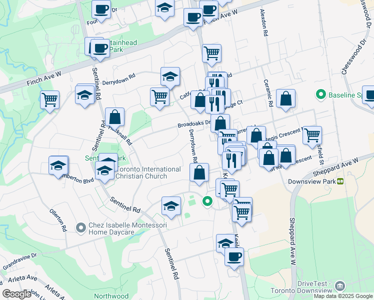 map of restaurants, bars, coffee shops, grocery stores, and more near 15 Ikley Road in Toronto