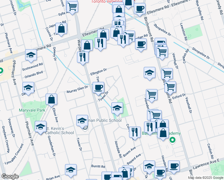 map of restaurants, bars, coffee shops, grocery stores, and more near in Toronto