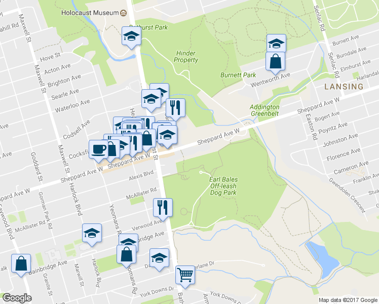 map of restaurants, bars, coffee shops, grocery stores, and more near Raoul Wallenberg Road in Toronto