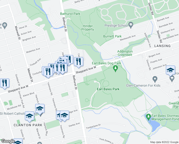 map of restaurants, bars, coffee shops, grocery stores, and more near 555 Sheppard Avenue West in Toronto