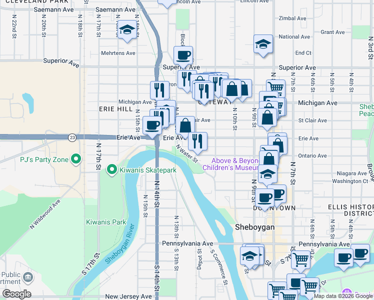 map of restaurants, bars, coffee shops, grocery stores, and more near 938 North Water Street in Sheboygan