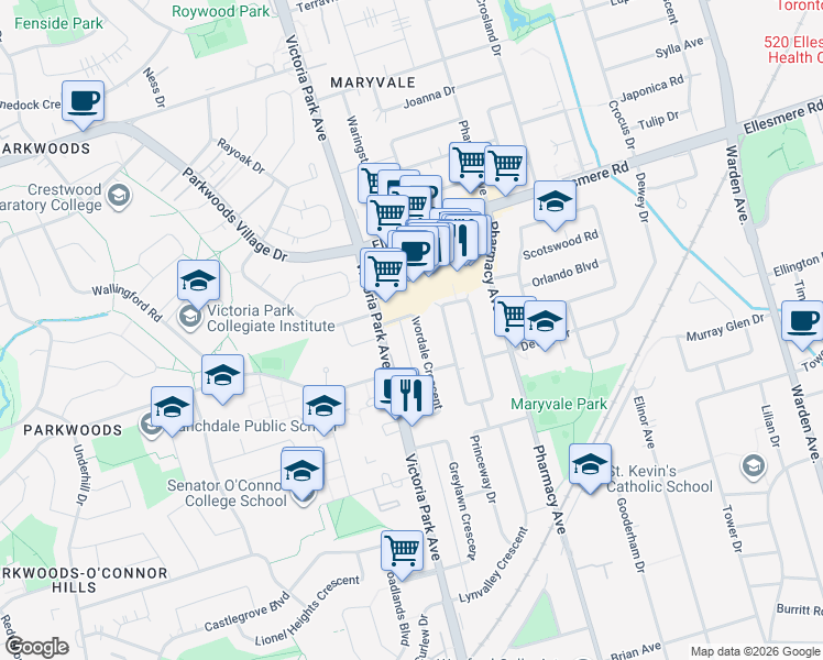 map of restaurants, bars, coffee shops, grocery stores, and more near in Toronto