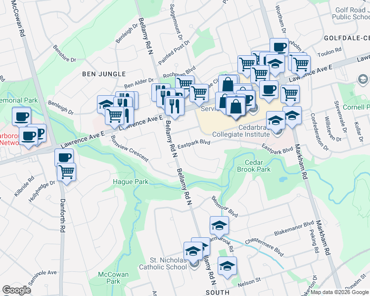 map of restaurants, bars, coffee shops, grocery stores, and more near 7 Eastpark Boulevard in Toronto