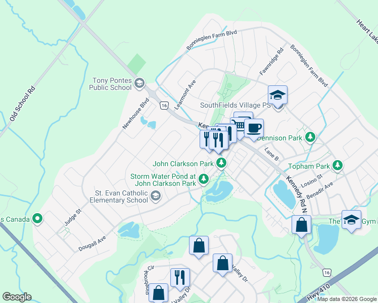 map of restaurants, bars, coffee shops, grocery stores, and more near 65 Stowmarket Street in Regional Municipality of Peel
