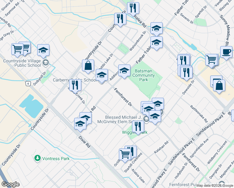 map of restaurants, bars, coffee shops, grocery stores, and more near 502 Fernforest Drive in Brampton