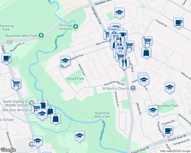 map of restaurants, bars, coffee shops, grocery stores, and more near 29 Dellbrook Crescent in Toronto