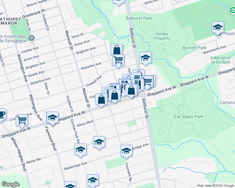 map of restaurants, bars, coffee shops, grocery stores, and more near 16 Hove Street in Toronto