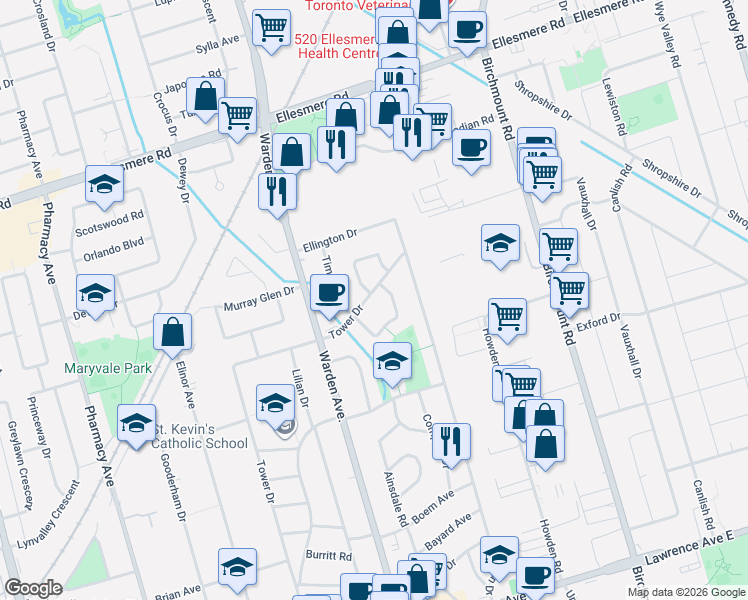 map of restaurants, bars, coffee shops, grocery stores, and more near 259 Tower Drive in Toronto