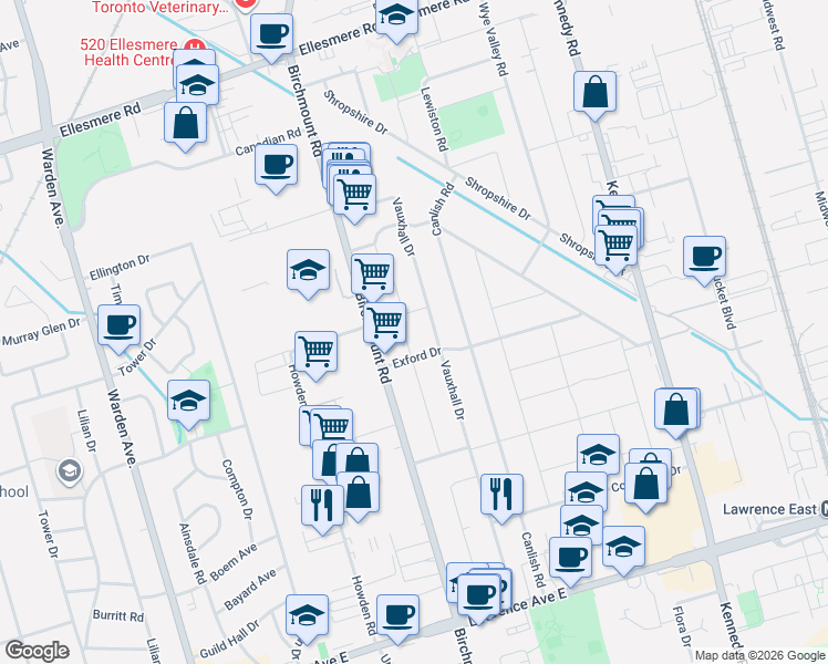 map of restaurants, bars, coffee shops, grocery stores, and more near 53 Bergen Road in Toronto