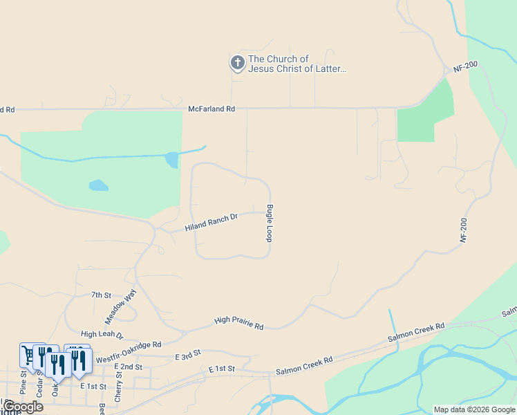 map of restaurants, bars, coffee shops, grocery stores, and more near 76754 Shed Lane in Oakridge