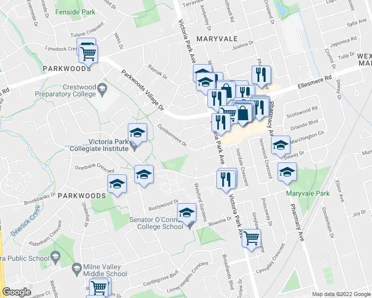 map of restaurants, bars, coffee shops, grocery stores, and more near 33 Combermere Drive in Toronto
