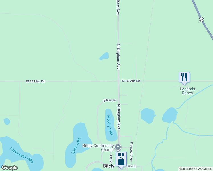 map of restaurants, bars, coffee shops, grocery stores, and more near 11147 North Bingham Avenue in Bitely
