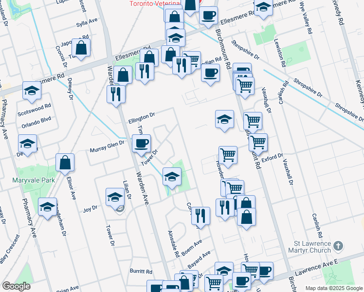 map of restaurants, bars, coffee shops, grocery stores, and more near in Toronto