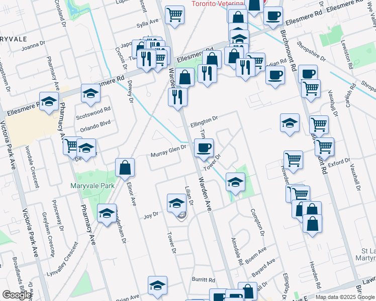 map of restaurants, bars, coffee shops, grocery stores, and more near in Toronto