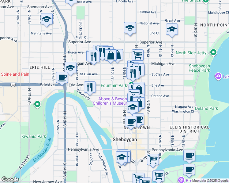 map of restaurants, bars, coffee shops, grocery stores, and more near 909 Ontario Avenue in Sheboygan