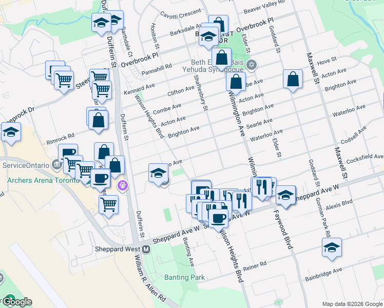 map of restaurants, bars, coffee shops, grocery stores, and more near 280 Waterloo Avenue in Toronto