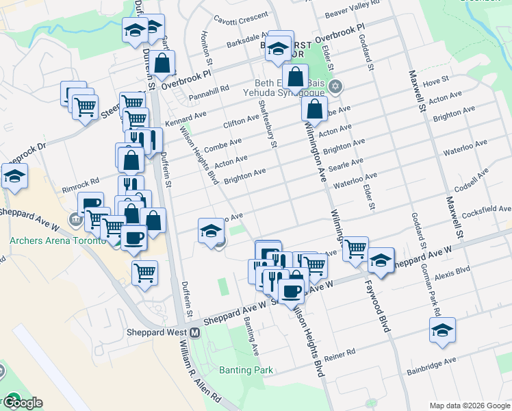 map of restaurants, bars, coffee shops, grocery stores, and more near 280 Waterloo Avenue in Toronto