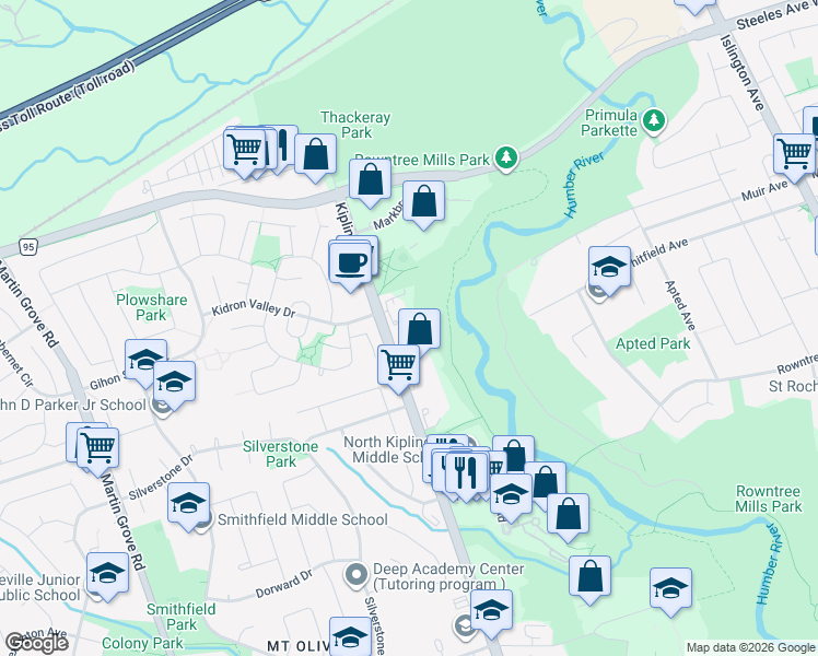 map of restaurants, bars, coffee shops, grocery stores, and more near 2777 Kipling Avenue in Toronto