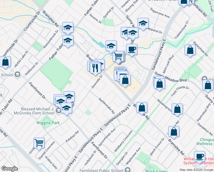 map of restaurants, bars, coffee shops, grocery stores, and more near 40 Dewridge Court in Brampton