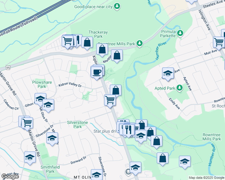 map of restaurants, bars, coffee shops, grocery stores, and more near 2777 Kipling Avenue in Toronto