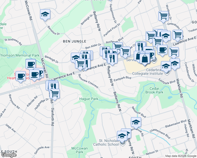 map of restaurants, bars, coffee shops, grocery stores, and more near 14 Vesper Court in Toronto